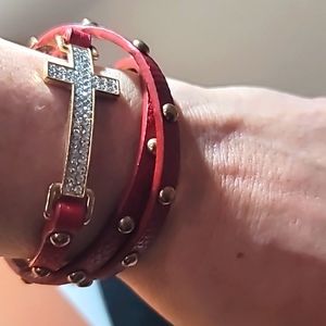 NWOT Red Vegan Leather and Rhinestone Cross Wrap Bracelet
